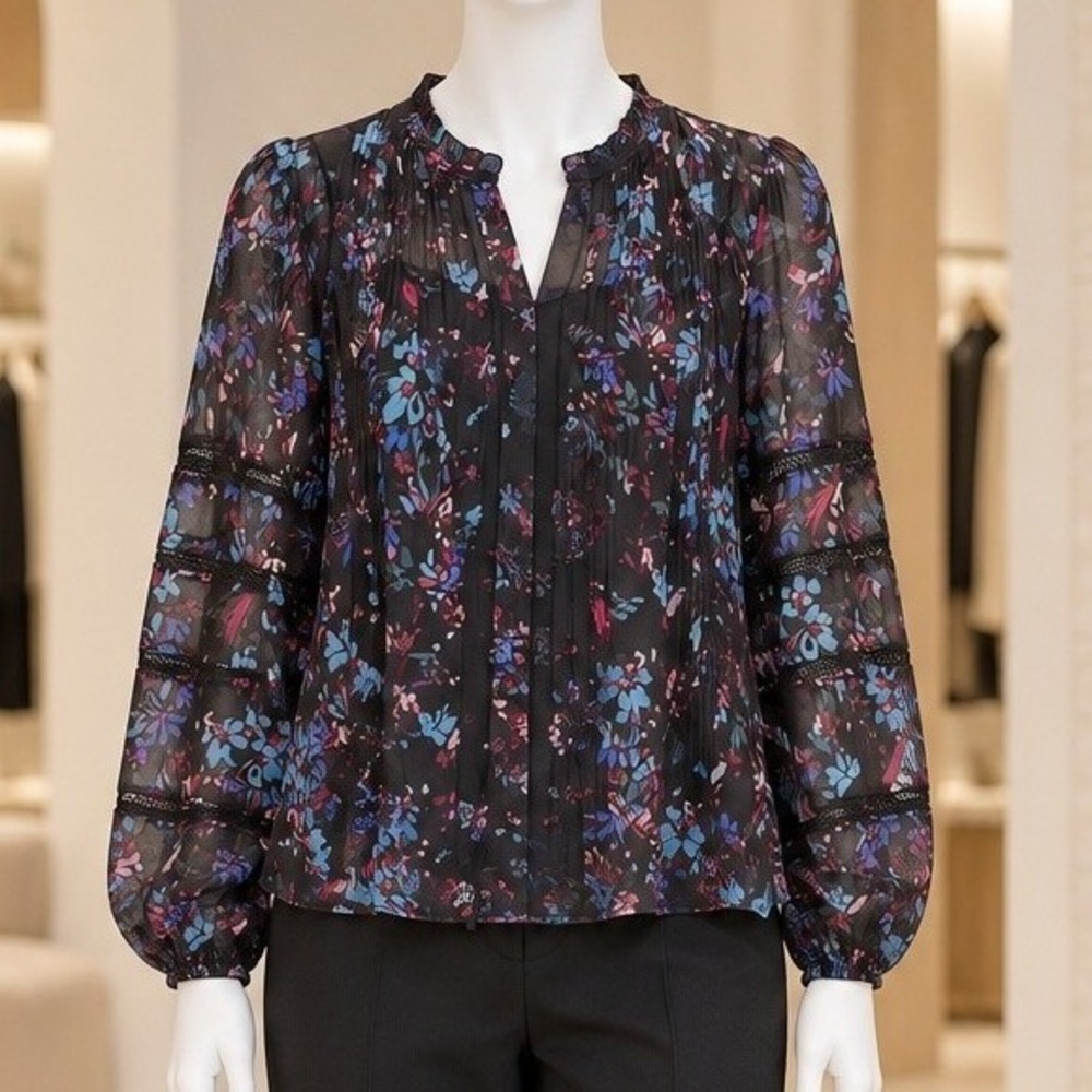 Allison New York Womens Erica Blouse Black Floral Lace Trim Pleated Medium